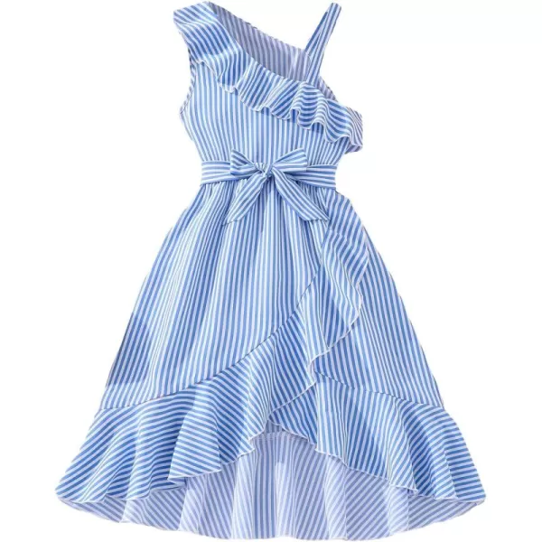 Floerns Girls Striped Print Asymmetrical Neck Sleeveless Ruffle Trim Wrap A Line Midi Dress