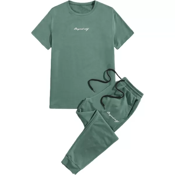 Floerns Men's 2 Piece Outfit Letter Print Tee Shirt Drawstring Waist Pants Set