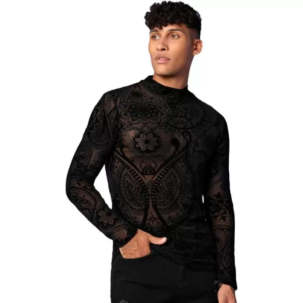 Floerns Men's All Over Print Mock Neck Long Sleeve Sheer Mesh Tee Shirt