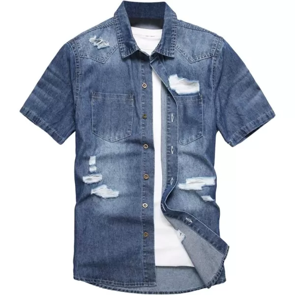 Floerns Men's Causal Ripped Button Front Dual Pocket Short Sleeve Denim Shirt Without Tee