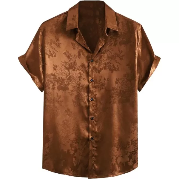 Floerns Men's Floral Jacquard Short Sleeve Button Front Satin Shirt Blouse Top