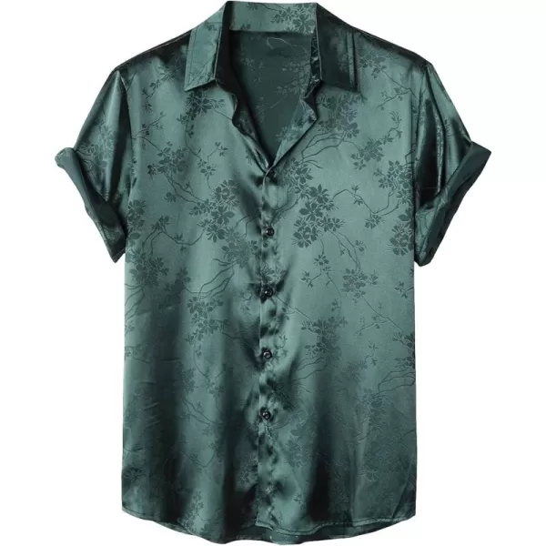 Floerns Men's Floral Jacquard Short Sleeve Button Front Satin Shirt Blouse Top