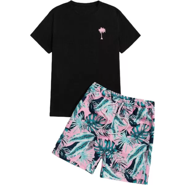 Floerns Men's Graphic Print T Shirt Drawstring Waist Shorts Set 2 Piece Outfit