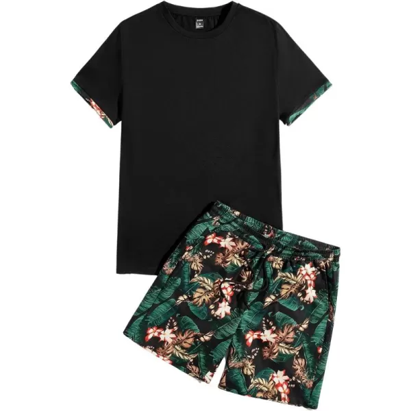 Floerns Men's Graphic Print T Shirt Drawstring Waist Shorts Set 2 Piece Outfit