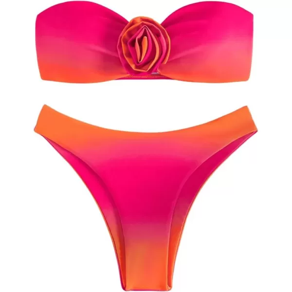 Floerns Women's 2 Piece 3D Rose Bikini Ombre Tube Top High Cut Swimsuit