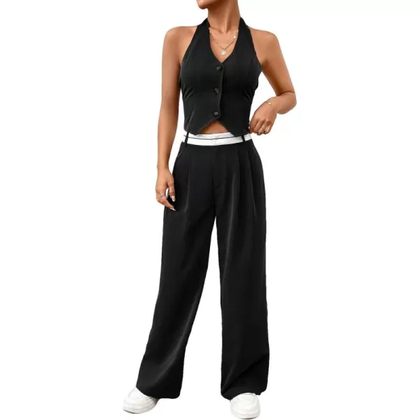 Floerns Women's 2 Piece Outfit Button Front Halter Top with Wide Leg Pants Set