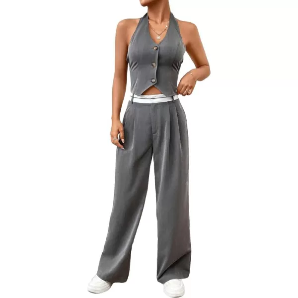 Floerns Women's 2 Piece Outfit Button Front Halter Top with Wide Leg Pants Set