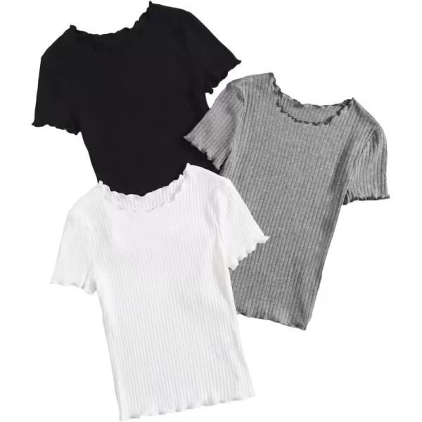 Floerns Women's 3 Pcs Lettuce Trim Short Sleeve Rib Knit Tee Shirt Top