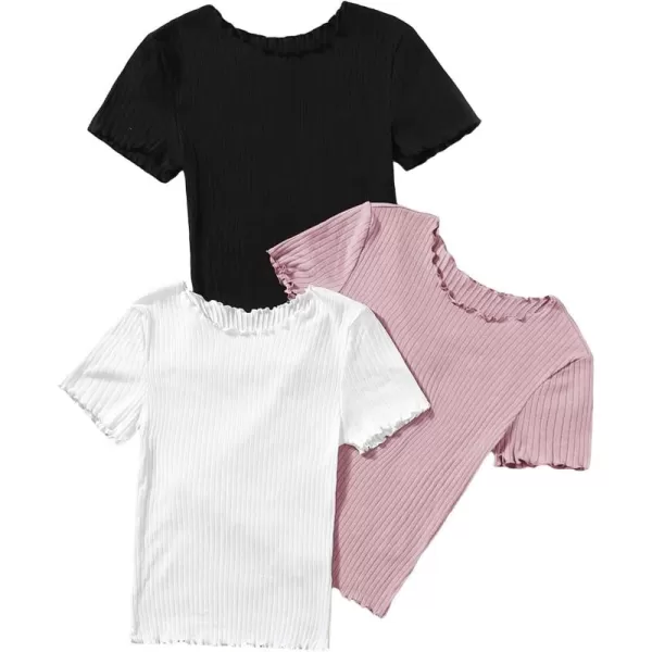 Floerns Women's 3 Pcs Lettuce Trim Short Sleeve Rib Knit Tee Shirt Top