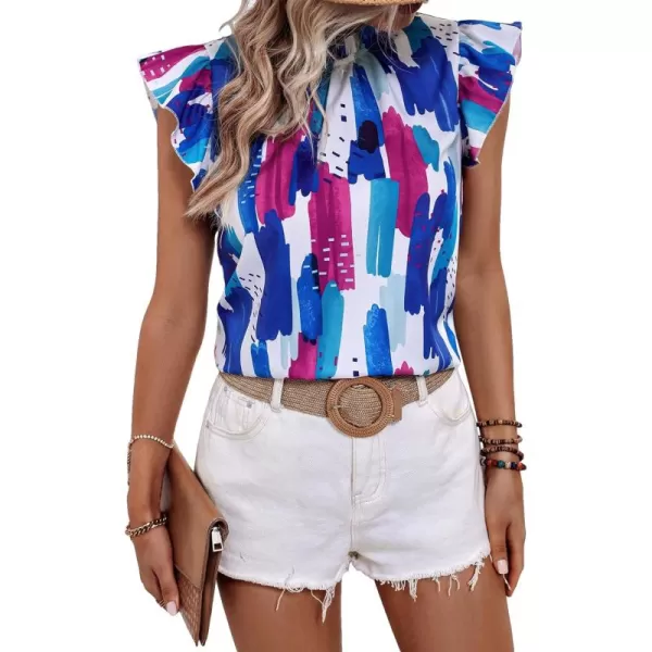 Floerns Women's Allover Print Mock Neck Cap Sleeve Ruffle Trim Casual Blouse Top