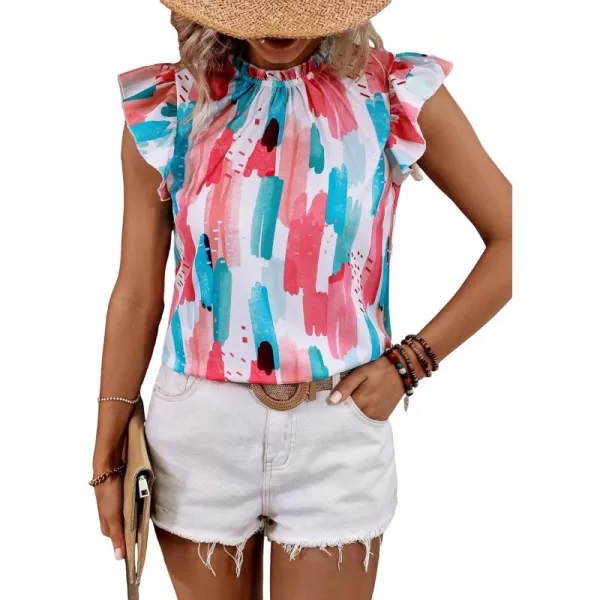 Floerns Women's Allover Print Mock Neck Cap Sleeve Ruffle Trim Casual Blouse Top