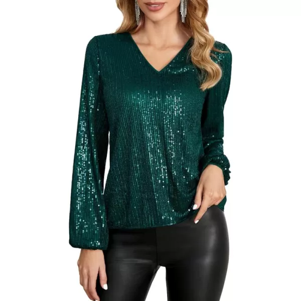 Floerns Women's Bishop Long Sleeve V Neck Contrast Sequin Sparkly Blouse Top