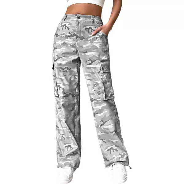 Floerns Women's Camo Print Elastic Waist Straight Cargo Pants with Pockets