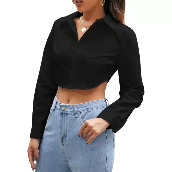 Floerns Women's Casual Button Down Long Sleeve Curved Hem Blouse Crop Tops