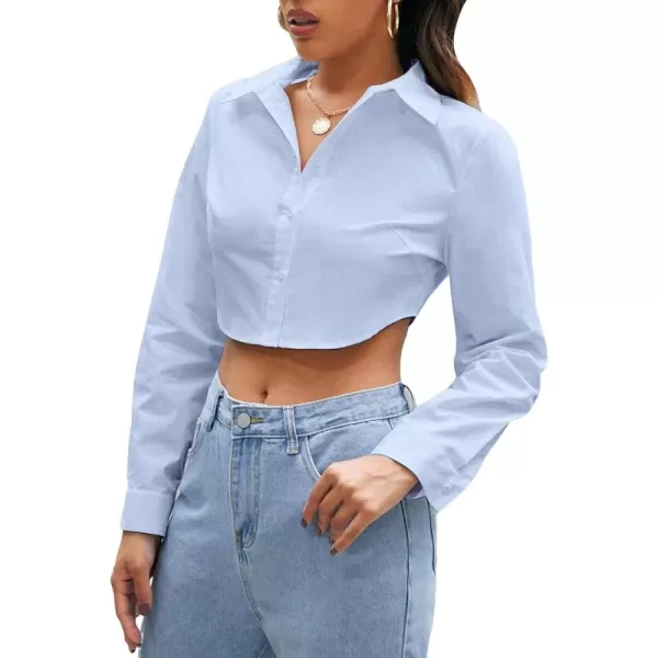 Floerns Women's Casual Button Down Long Sleeve Curved Hem Blouse Crop Tops