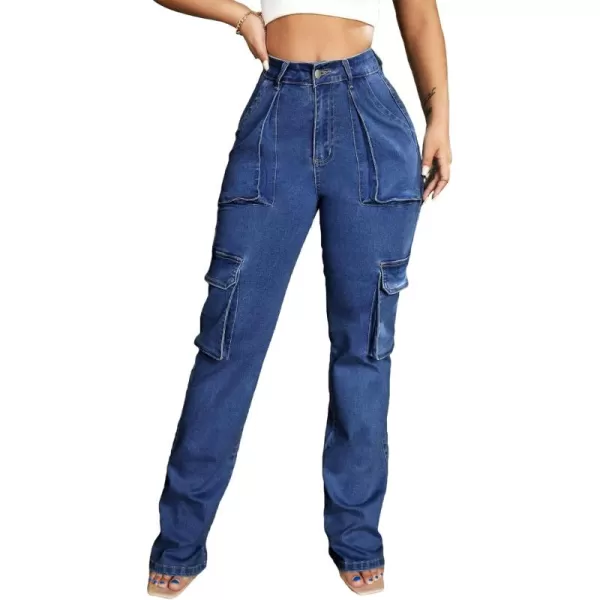 Floerns Women's Casual Flap Pocket High Waist Jeans Workout Denim Cargo Pants