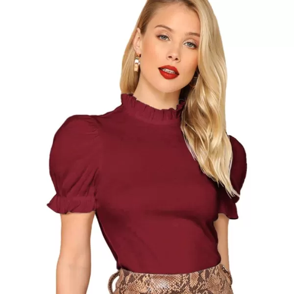 Floerns Women's Casual Frill Mock Neck Short Puff Sleeve Keyhole Back Work Office Blouse