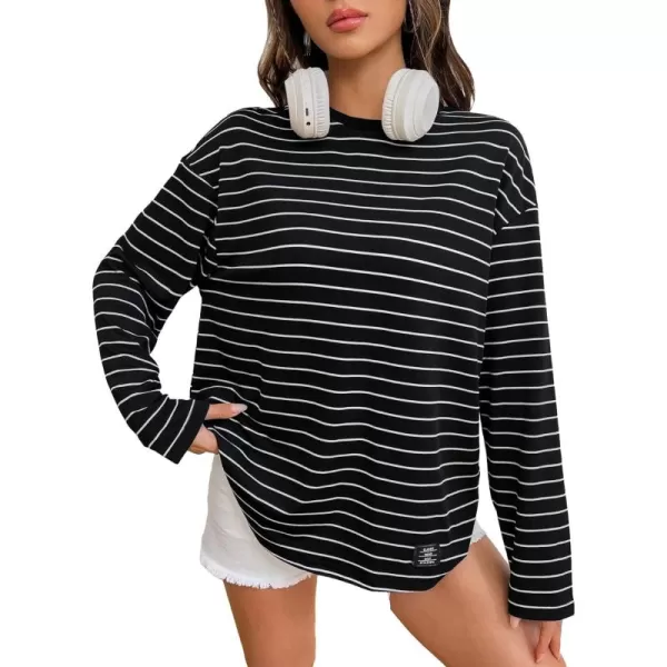 Floerns Women's Casual Long Sleeve Crew Neck Striped Printed Oversized Tee Top Patched T-Shirts