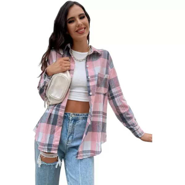 Floerns Women's Casual Plaid Long Sleeve Button Front Collar Blouses Shirts Top