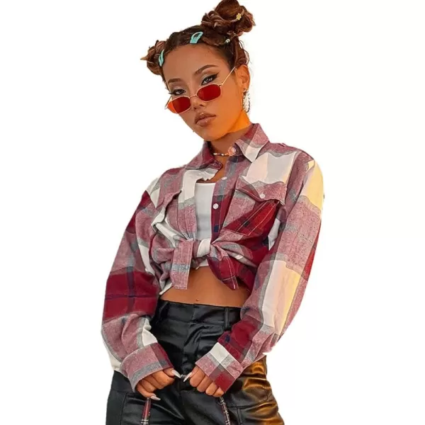 Floerns Women's Casual Plaid Long Sleeve Button Front Collar Blouses Shirts Top