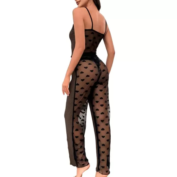 Floerns Women's Contrast Mesh Lettuce Trim Cami Top with Pants 2 Piece Lounge Set