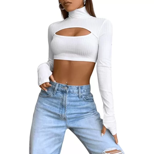 Floerns Women's Cut Out Front Tee Shirt Mock Neck Long Sleeve Crop Top with Thumb Hole