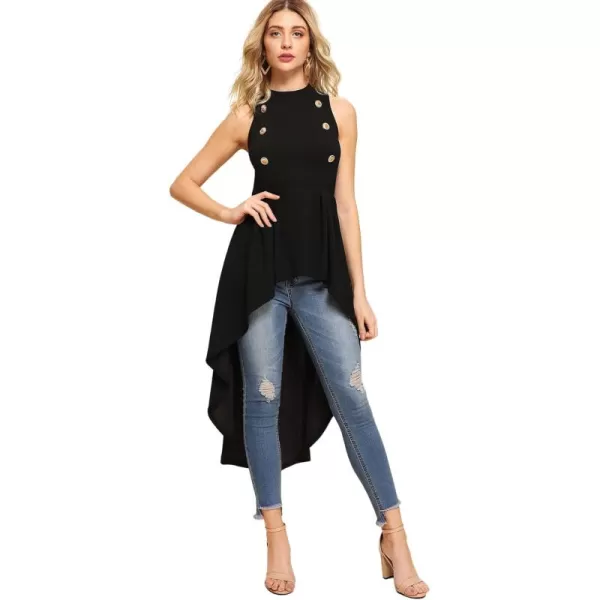 Floerns Women's Double Button Sleeveless Round Neck Asymmetrical Tops