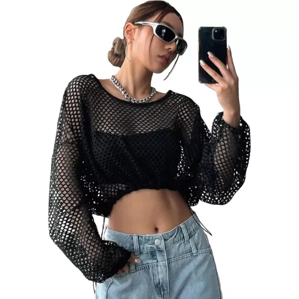 Floerns Women's Drop Shoulder Hollow Out Long Sleeve Crop Top Without Cami Top