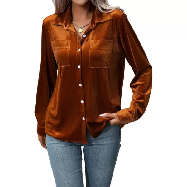 Floerns Women's Dual Pocket Button Down Lapel Collar Solid Velvet Shirt Blouse Top