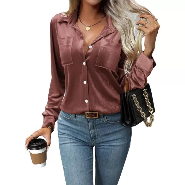 Floerns Women's Dual Pocket Button Down Lapel Collar Solid Velvet Shirt Blouse Top