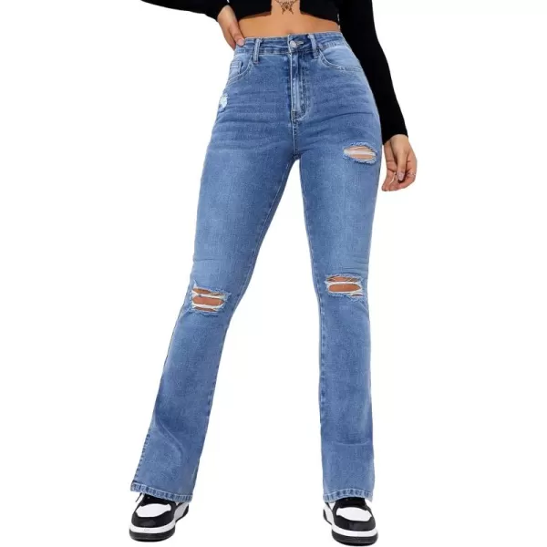 Floerns Women's Flare Leg Ripped Frayed Split Hem High Waist Denim Jeans