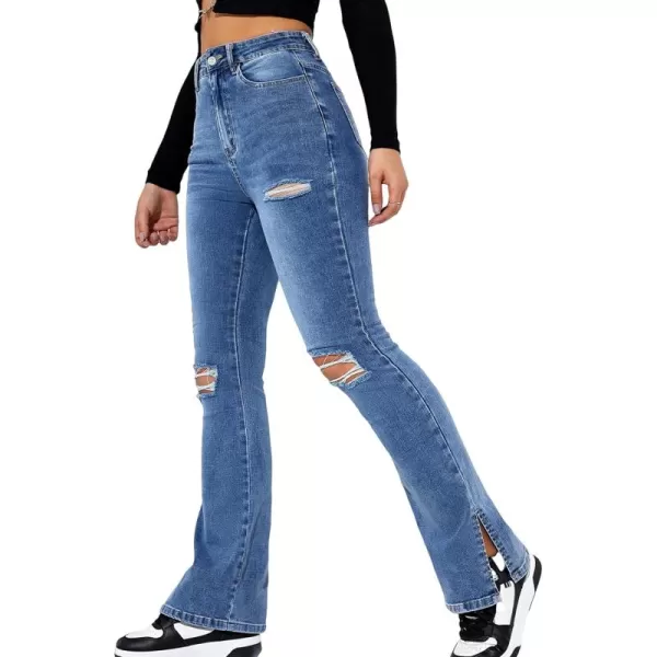 Floerns Women's Flare Leg Ripped Frayed Split Hem High Waist Denim Jeans