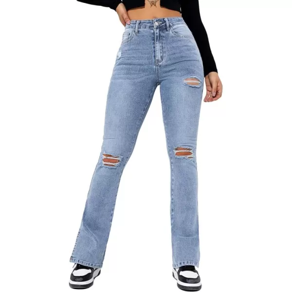 Floerns Women's Flare Leg Ripped Frayed Split Hem High Waist Denim Jeans