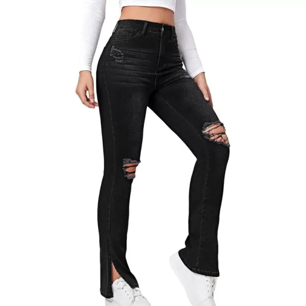 Floerns Women's Flare Leg Ripped Frayed Split Hem High Waist Denim Jeans