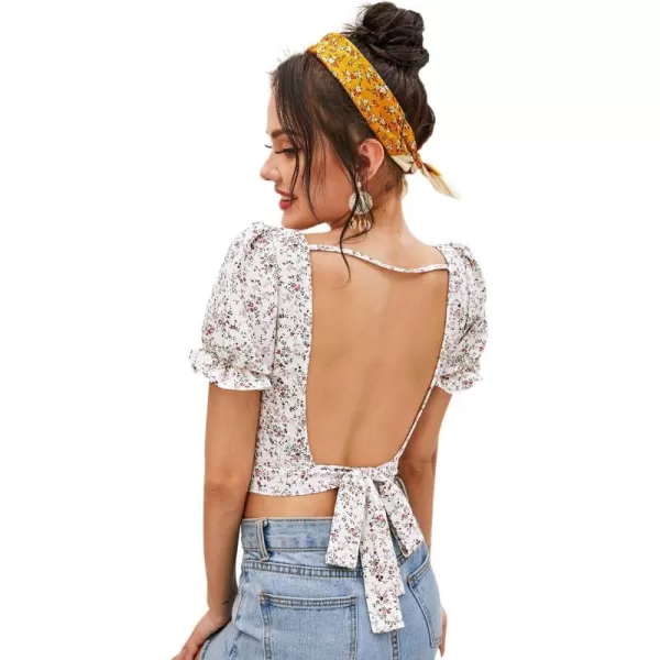 Floerns Women's Floral Print Square Neck Backless Tie Back Crop Top Blouse