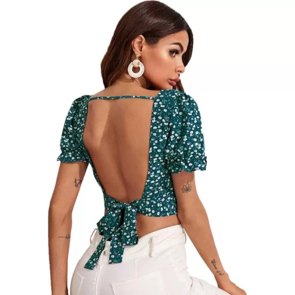 Floerns Women's Floral Print Square Neck Backless Tie Back Crop Top Blouse