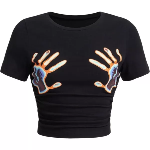 Floerns Women's Graphic Print Short Sleeve Tee Ruched Casual Crop Top Tee Shirt