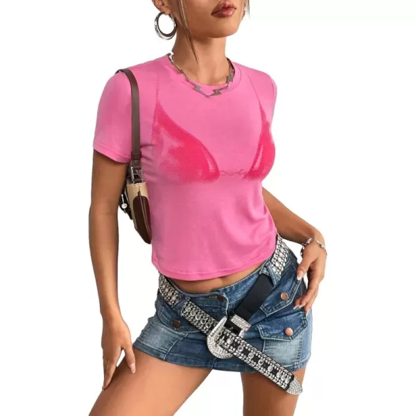 Floerns Women's Graphic Tees Summer Short Sleeve Bra Print T Shirts Crop Top