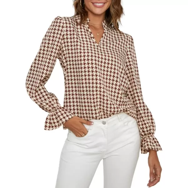 Floerns Women's Houndstooth Print Notched V Neck Long Sleeve Casual Blouse Tops