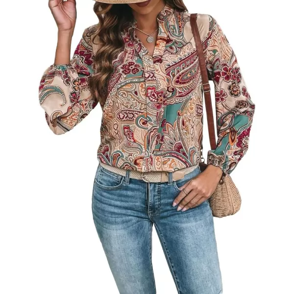 Floerns Women's Houndstooth Print Notched V Neck Long Sleeve Casual Blouse Tops