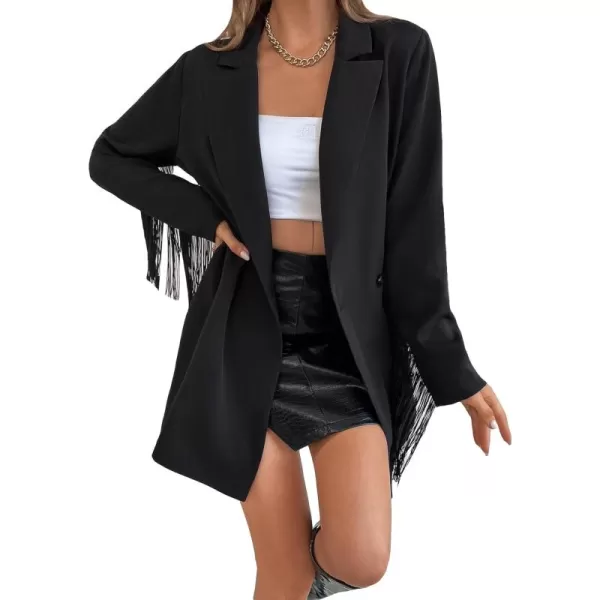 Floerns Women's Lapel Collar Long Sleeve Button Front Fringe Trim Blazer Jacket