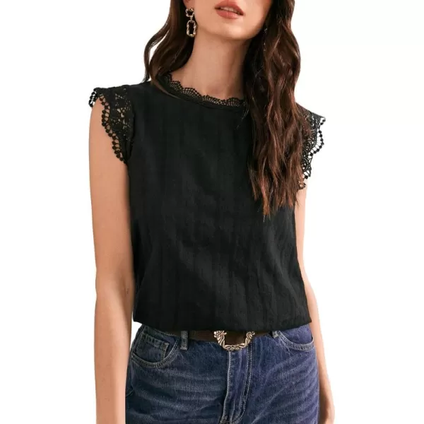 Floerns Women's Mock Neck Guipure Lace Trim Blouse Tops