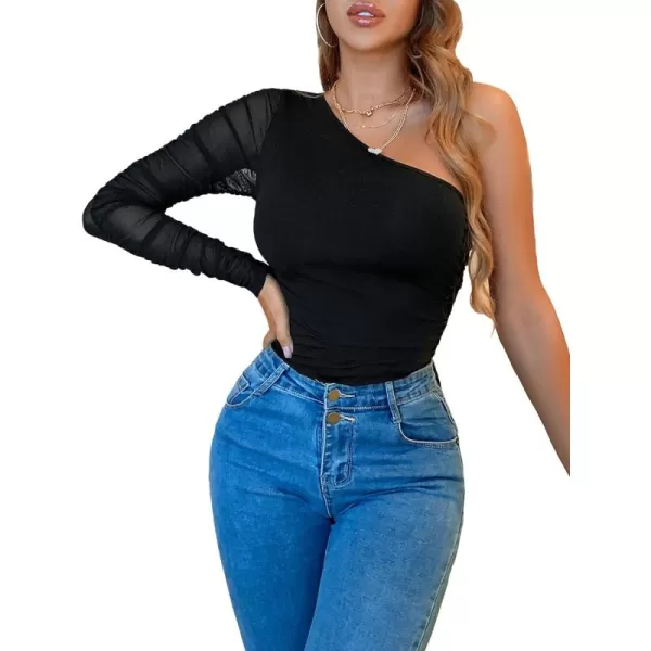 Floerns Women's One Shoulder Long Sleeve Stretch Bodysuit Jumpsuit