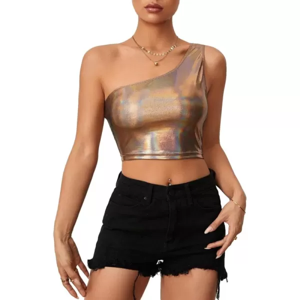 Floerns Women's One Shoulder Sleeveless Holographic Metallic Crop Tank Top