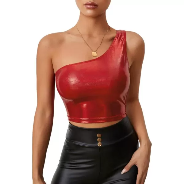 Floerns Women's One Shoulder Sleeveless Holographic Metallic Crop Tank Top