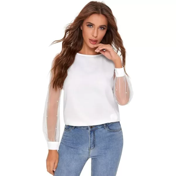 Floerns Women's Pearl Sheer Mesh Long Sleeve Tops Blouse