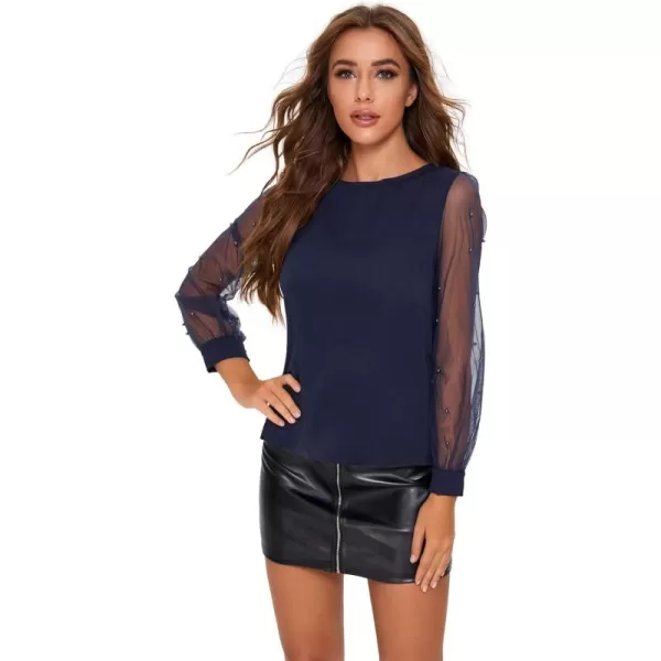 Floerns Women's Pearl Sheer Mesh Long Sleeve Tops Blouse