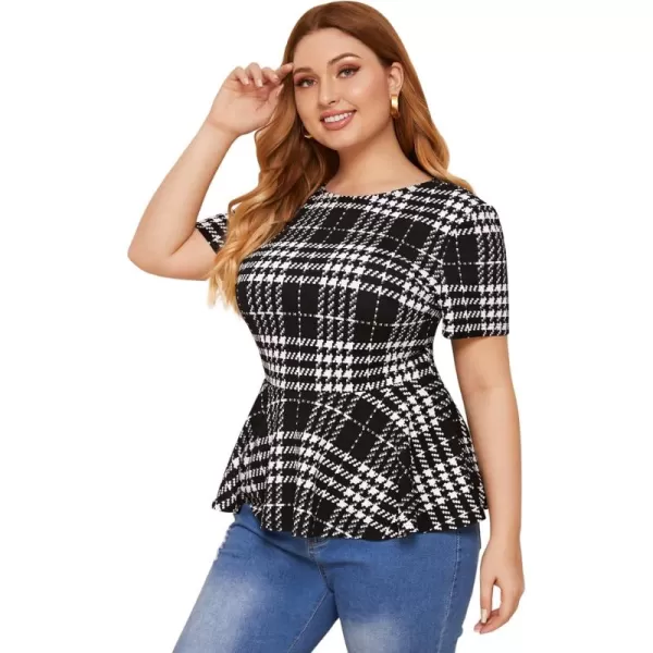 Floerns Women's Plus Plaid Print Short Sleeve Round Neck Ruffle Peplum Blouse Tops