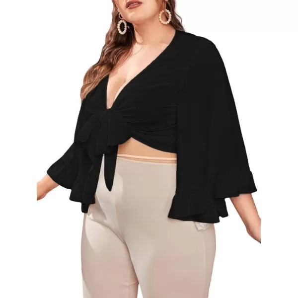 Floerns Women's Plus Size Flare Sleeve V Neck Knot Front Solid Crop Top Blouse