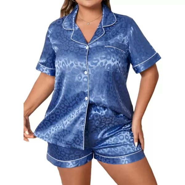 Floerns Women's Plus Size Jacquard Button Down Shirt and Satin Shorts Pajama Set